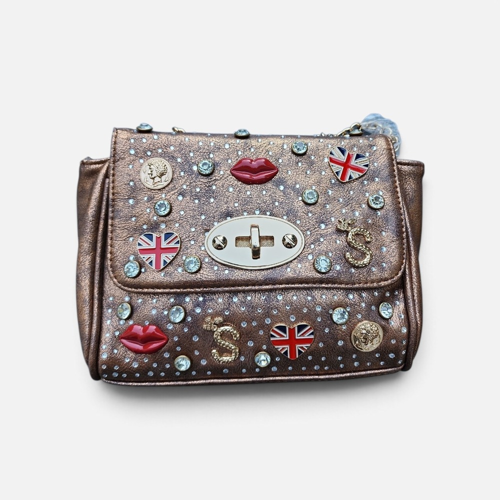 British Crossbody Bag Women Small Bronze Union Jack Lips Rhinestone Charm Bag